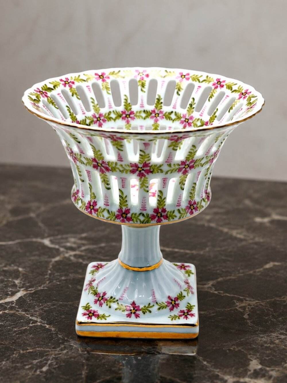 Royal Danube #1886 Pink Flower Porcelain Compote Pedestal Bowl Gold Trim Vintage